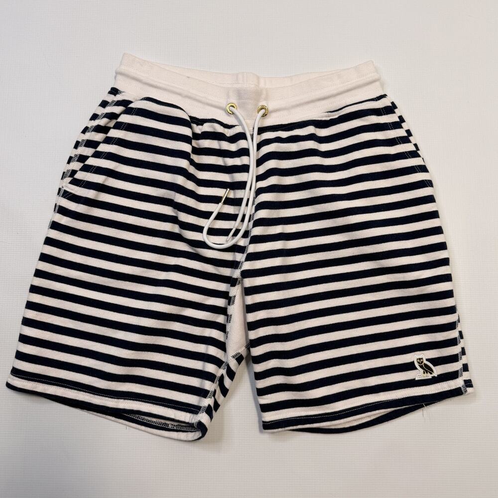 October's Very Own Shorts Mens Medium Blue White Stripe Fleece Sweat Drawstring